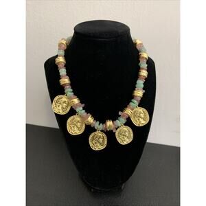 VIINTAGE HEAVY GLASSSTONE COIN COSTUME NECKLACE RARE BEAUTIFUL 15”